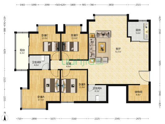 江北大厦 4室1厅2卫 164平方
