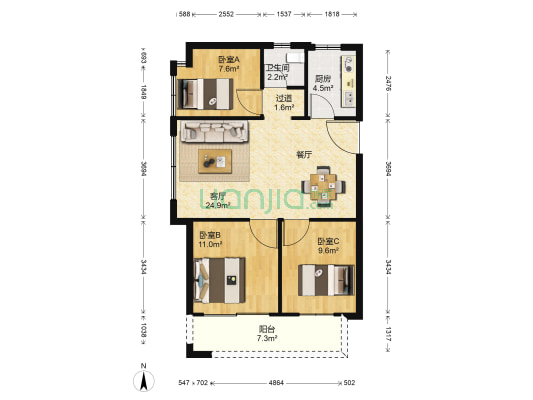 叶语郡 3室1厅1卫 97平方