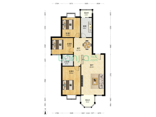 钻石公寓 3室2厅1卫 127平方