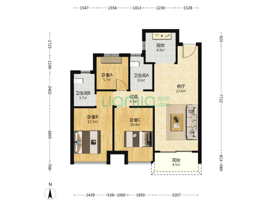 富田城九鼎公馆五号院 3室1厅2卫 97平方