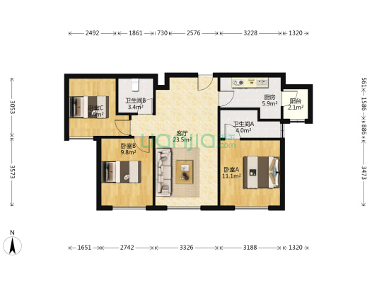 上东金茂府 3室1厅2卫 104平方