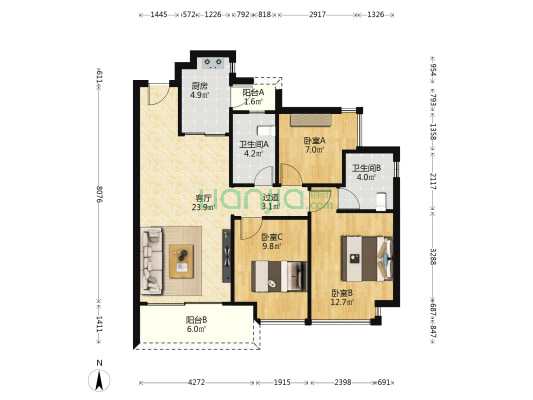 融创天瑞 3室1厅2卫 99平方