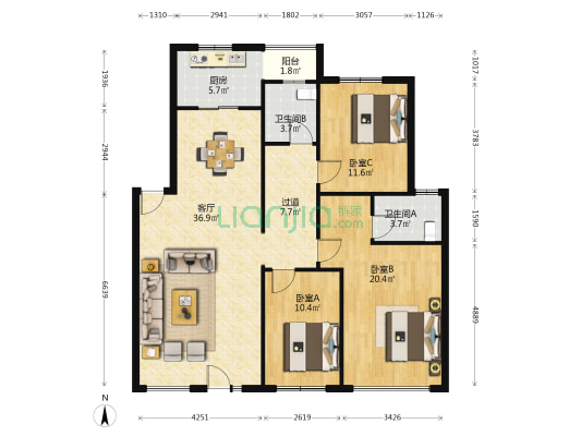 传记文学公寓 3室1厅2卫 126平方