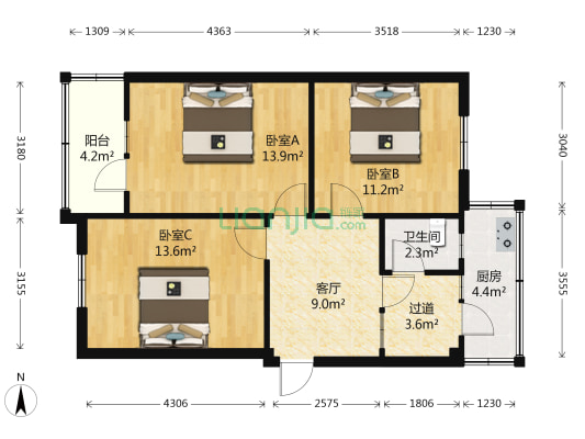 磨子巷1号 3室1厅1卫 67平方