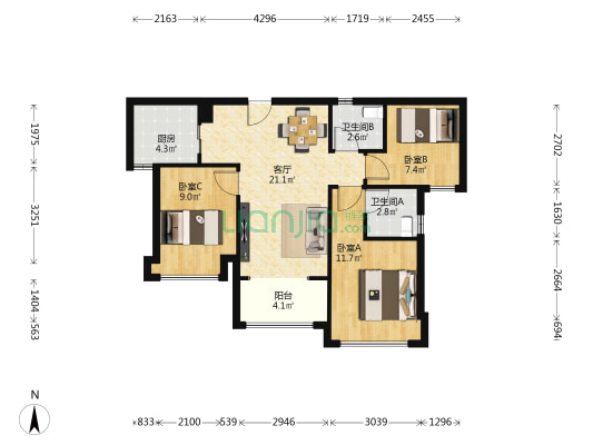 海玥和鸣 3室1厅2卫 86平方