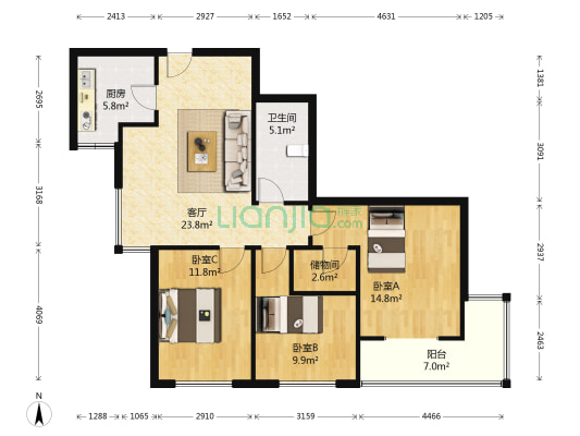 时光园 3室1厅1卫 114平方
