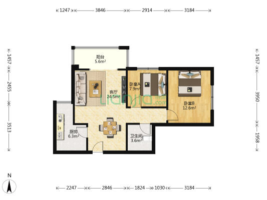 沣景国际 2室1厅1卫 82平方