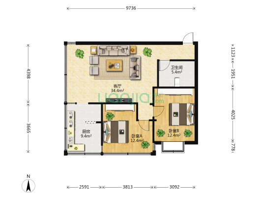 玉带阁 2室1厅1卫 79平方