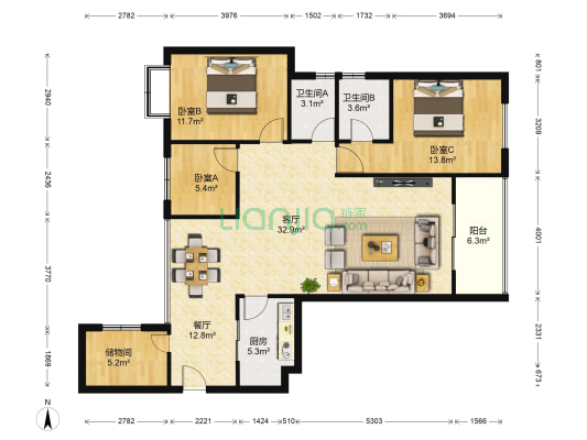 假日城市 3室2厅2卫 128平方