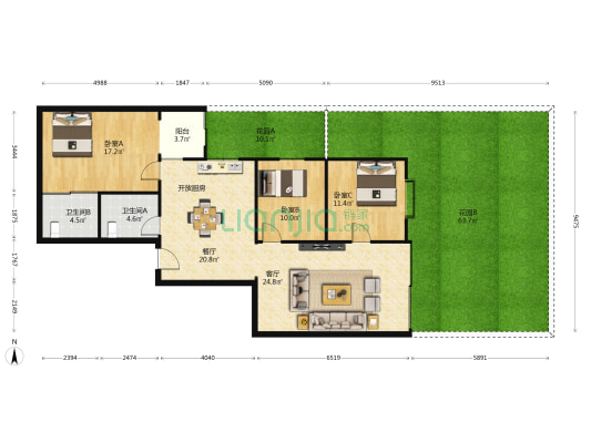 龙武圣士豪庭 3室2厅2卫 107平方