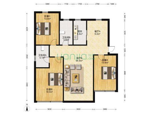 亲亲家园 3室2厅2卫 129平方