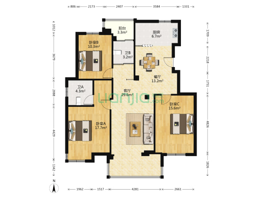 世茂海滨花园B3 3室2厅2卫 121平方