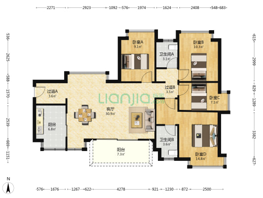 和昌·众筑 中央松湖 4室1厅2卫 119平方
