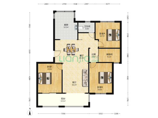 滨湖南苑 3室2厅1卫 139平方