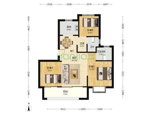 湖山一品花苑三期 3室1厅2卫 88平方