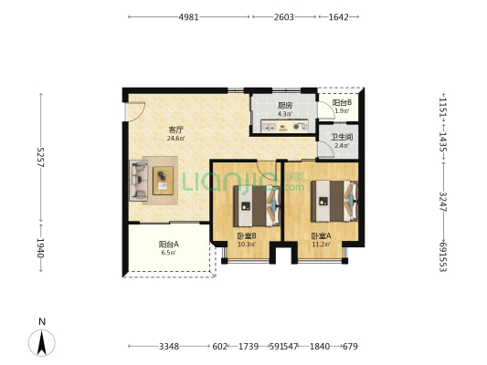 丽港城莱茵花园 2室1厅1卫 69平方
