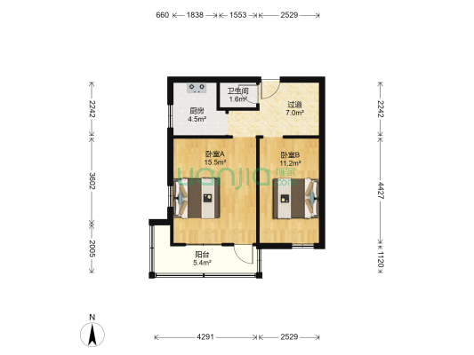 东山三路 2室0厅1卫 53平方
