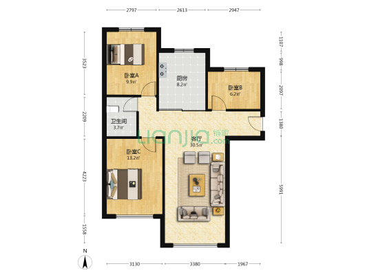K2狮子城南区 3室1厅 南 北-户型图