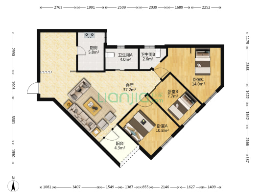 元洪公寓 3室1厅2卫 113平方