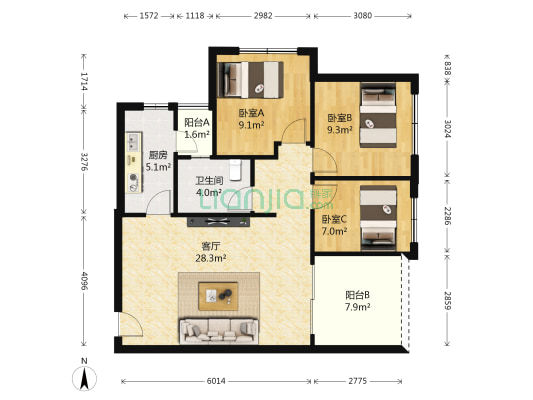 龙光峰景华庭 3室1厅1卫 89平方