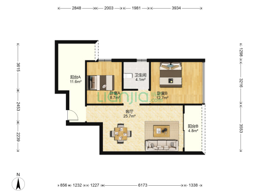 鸿福翰城 2室1厅1卫 72平方