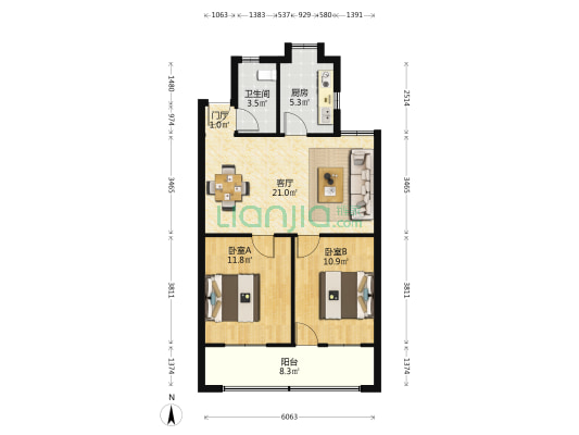 十一中学单位宿舍 2室1厅1卫 70平方