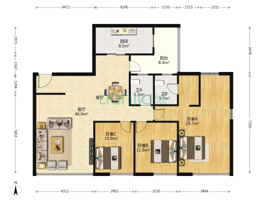 中天世纪新城三组团 3室1厅2卫 146平方