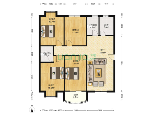 滨湖家园西区 3室1厅2卫 142平方