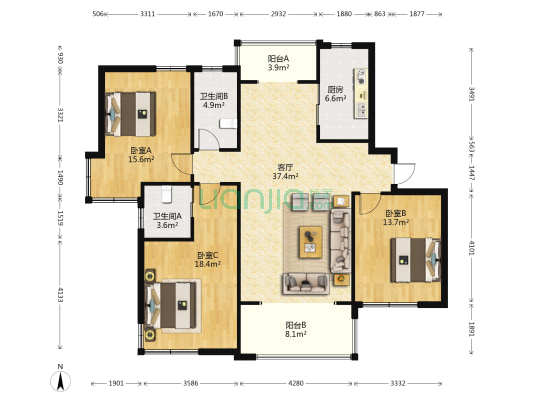 逸龙湾 3室1厅2卫 129平方