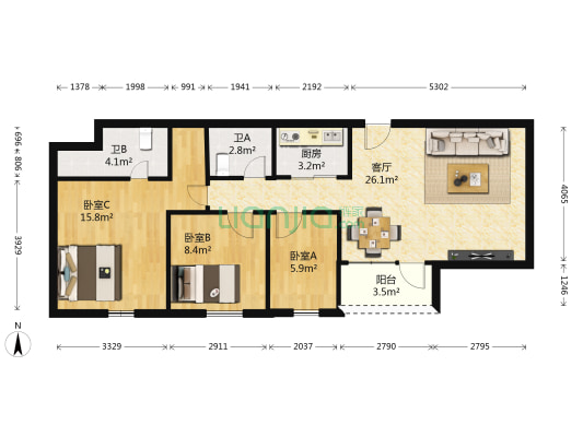 多喜中心大厦 3室1厅2卫 94平方