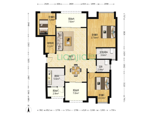 康田蔚蓝海C区 3室1厅2卫 107平方