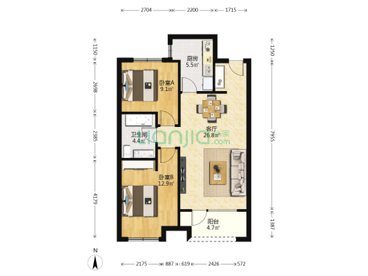 龙湖双珑原著（小高园区） 2室1厅1卫 89平方
