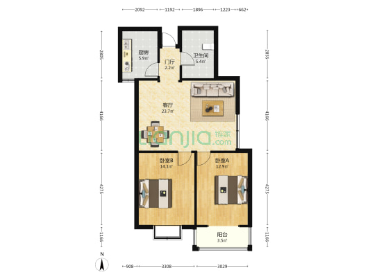 紫薇苑小区 2室1厅1卫 93平方