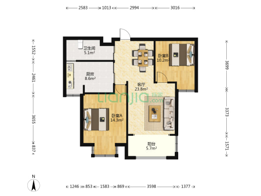 金域蓝湾一区 2室1厅1卫 90平方