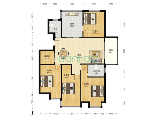 华盛名邸 4室1厅2卫 148平方