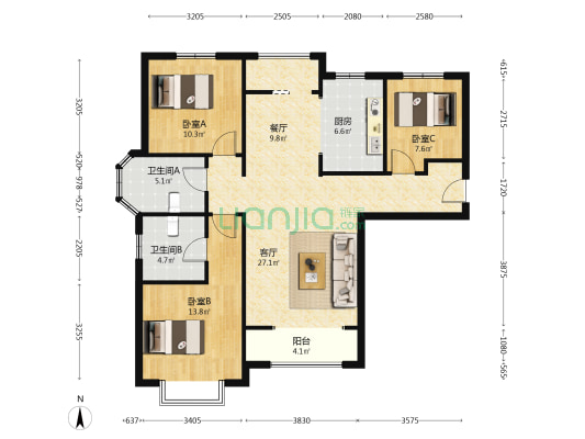 南北通透三居室，采光无遮挡，户型方正。-户型图