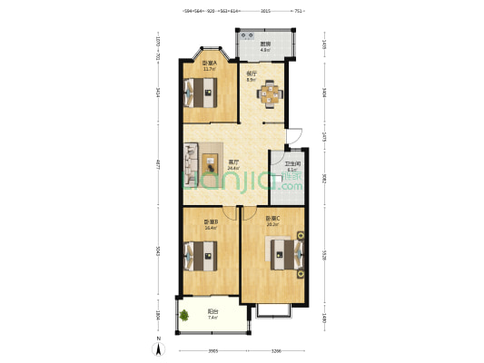 贸西街3号院 3室2厅1卫 121平方