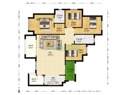 华侨城云溪别院一期 4室1厅2卫 137平方