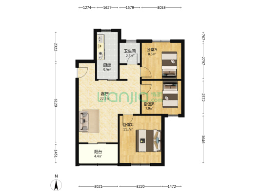 贤浦名苑 3室1厅1卫 92平方
