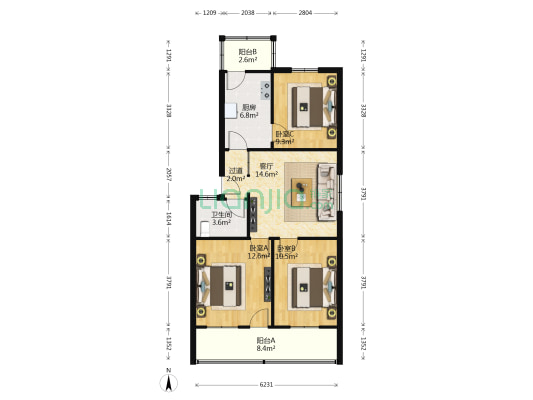 洪山镇火车站宿舍楼 3室1厅1卫 73平方