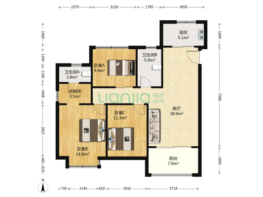 紫金上品苑 3室1厅2卫 109平方