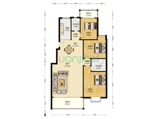 盛湘家园 3室2厅2卫 126平方