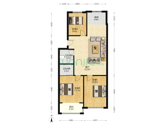 镜湖杨都 3室1厅2卫 100平方