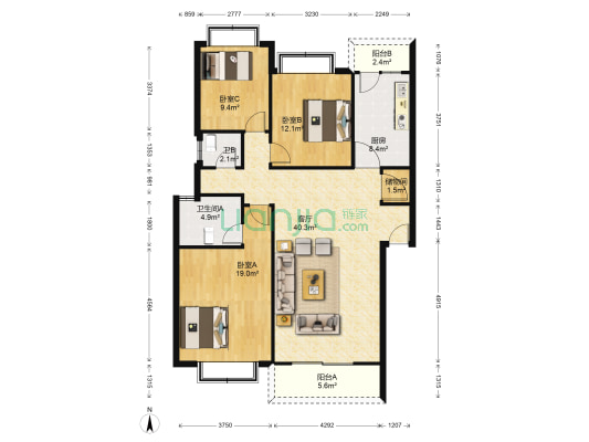 宏苑小区 3室1厅2卫 125平方