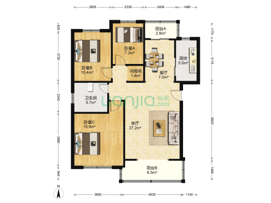 山水英伦庄园 3室2厅1卫 104平方