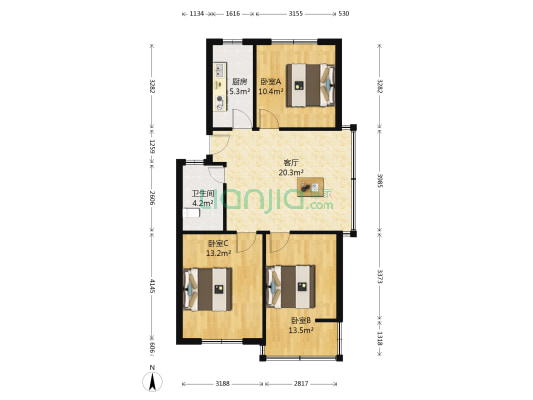 滨兴小区西区 3室1厅1卫 81平方