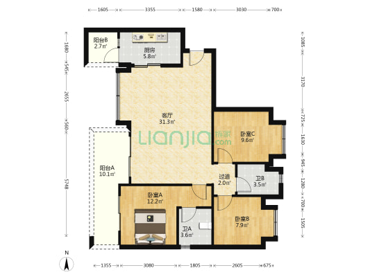 鉴山墅 3室1厅2卫 107平方