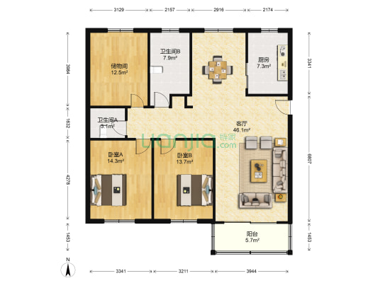 龙珠花园西区 2室1厅2卫 133平方