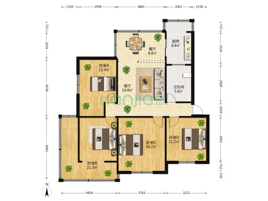 人事厅钱局街宿舍 4室2厅1卫 90平方