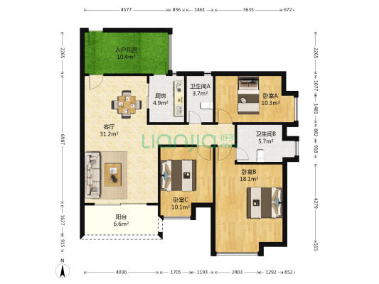 万科天景花园 3室1厅2卫 117平方